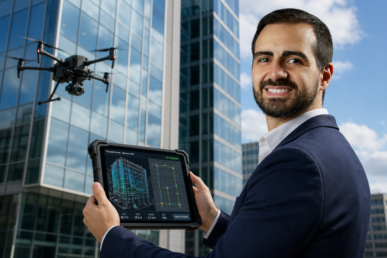 Eric Luciano, fundador da AeroLimp, com o tablet do plano de voo