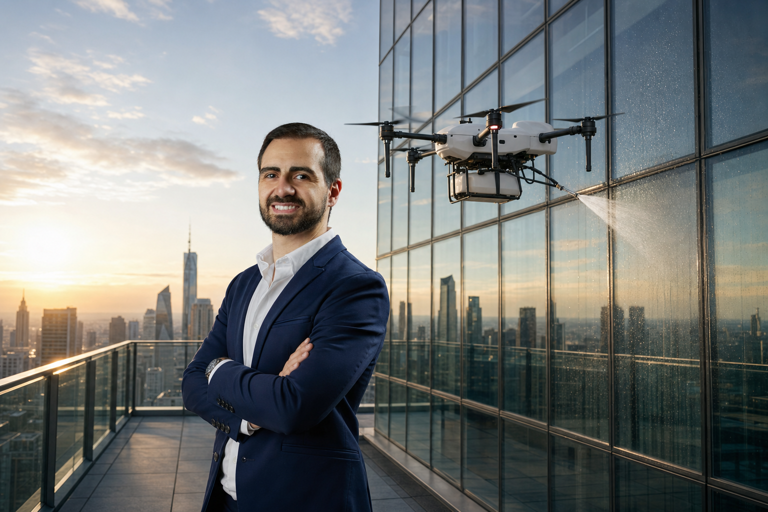 Fundador da AeroLimp em um terraço com drone de limpeza ao lado
